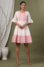 Thumbnail for Juniper Peach Cotton Dobby Festive Embroidered Tiered Dress For Women - Distacart