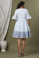 Thumbnail for Juniper Sky Blue Cotton Dobby Festive Embroidered Tiered Dress For Women - Distacart