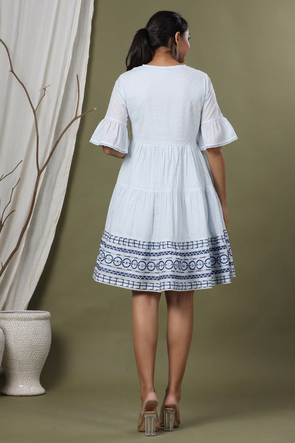 Juniper Sky Blue Cotton Dobby Festive Embroidered Tiered Dress For Women - Distacart