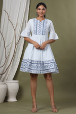 Thumbnail for Juniper Sky Blue Cotton Dobby Festive Embroidered Tiered Dress For Women - Distacart