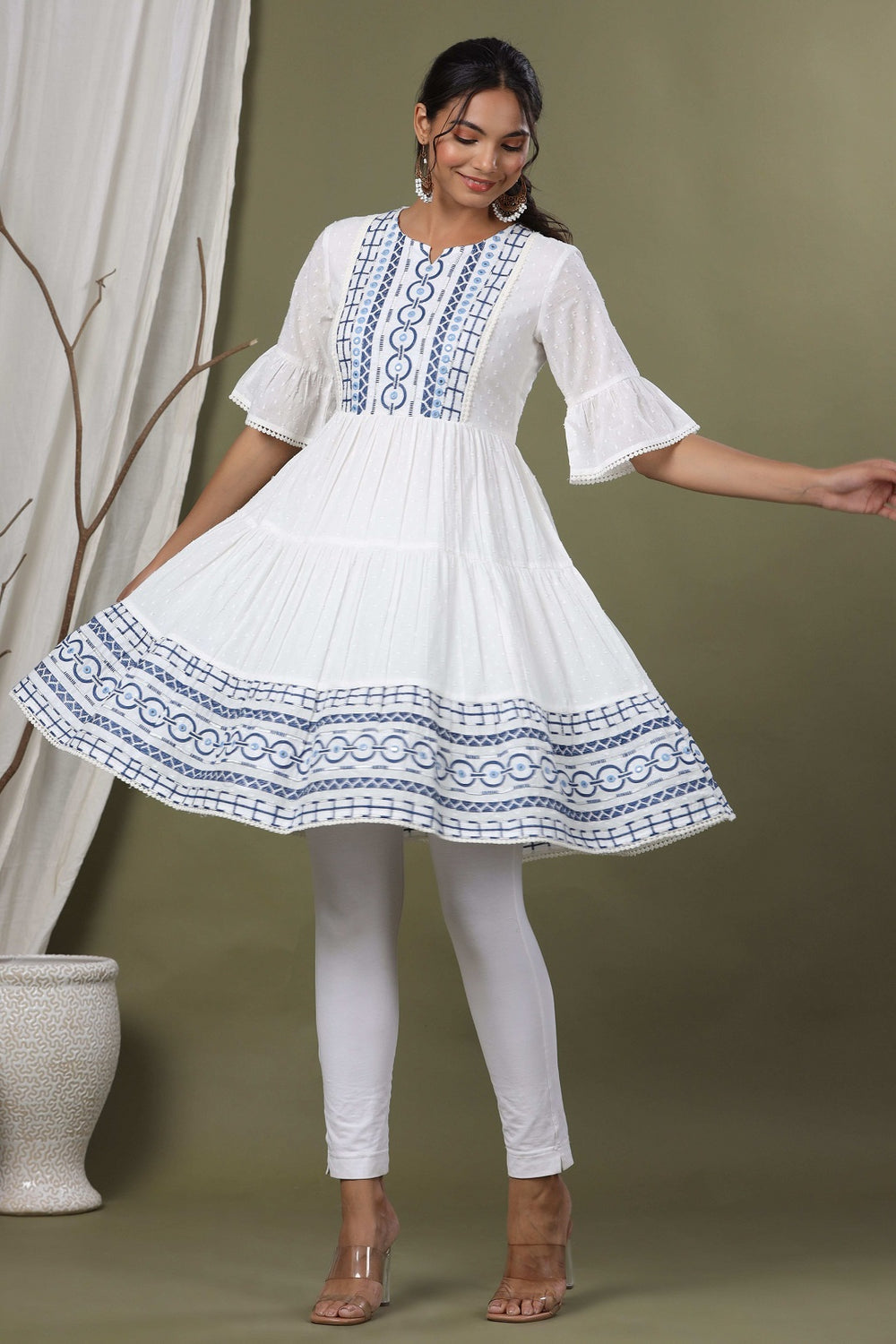 Juniper White Cotton Dobby Festive Embroidered Tiered Dress For Women - Distacart