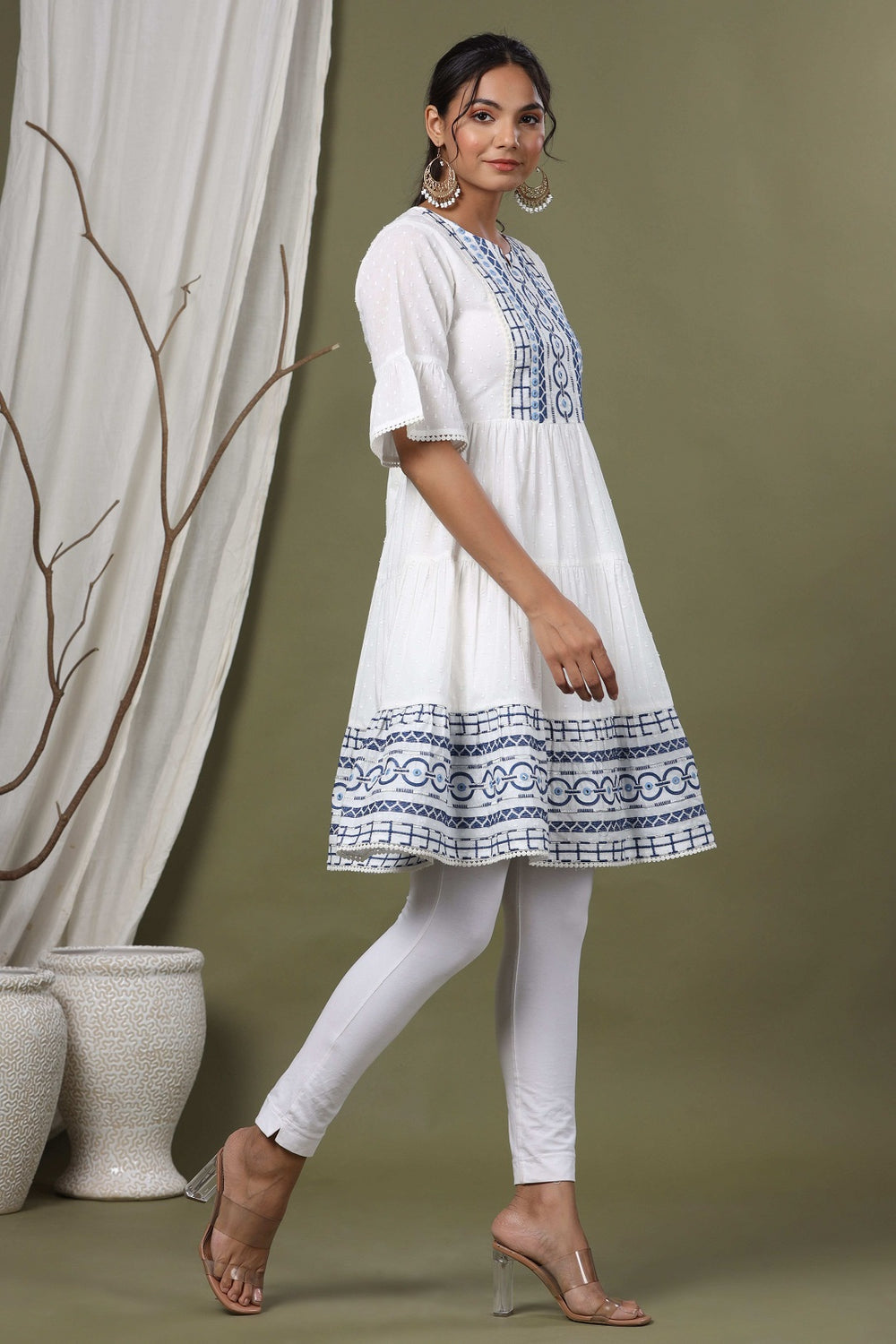 Juniper White Cotton Dobby Festive Embroidered Tiered Dress For Women - Distacart