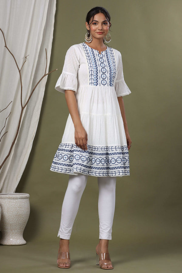 Juniper White Cotton Dobby Festive Embroidered Tiered Dress For Women - Distacart