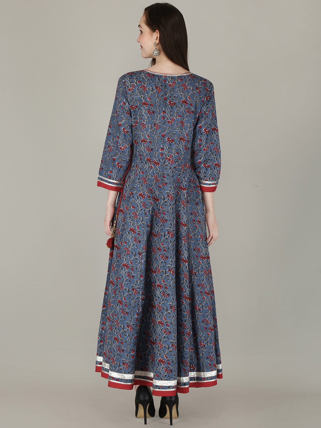 Kalini Women Navy Blue & Red Floral Printed Floral Anarkali Fusion Kurta - Distacart