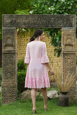 Thumbnail for Juniper Pink Cotton Dobby Festive Embroidered Tiered Dress For Women - Distacart
