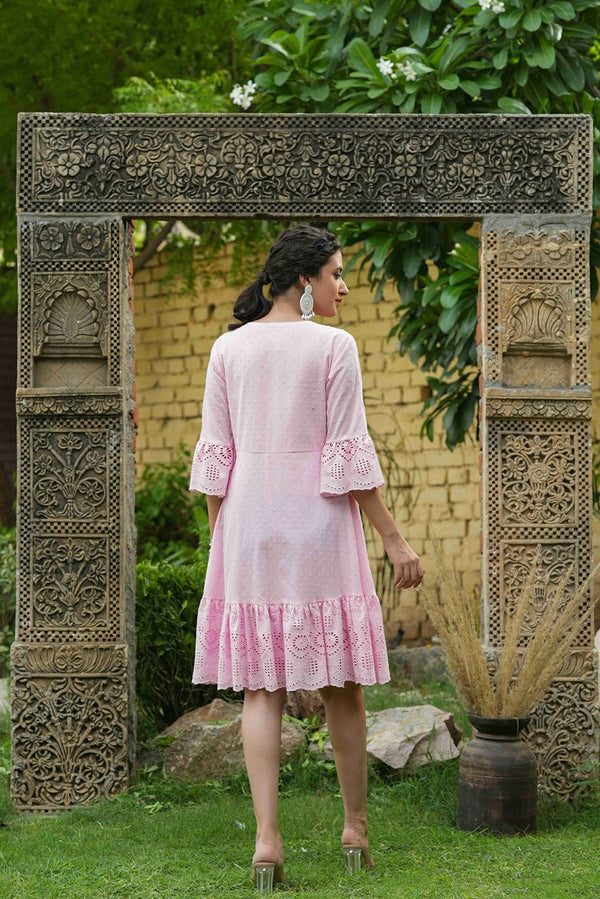 Juniper Pink Cotton Dobby Festive Embroidered Tiered Dress For Women - Distacart