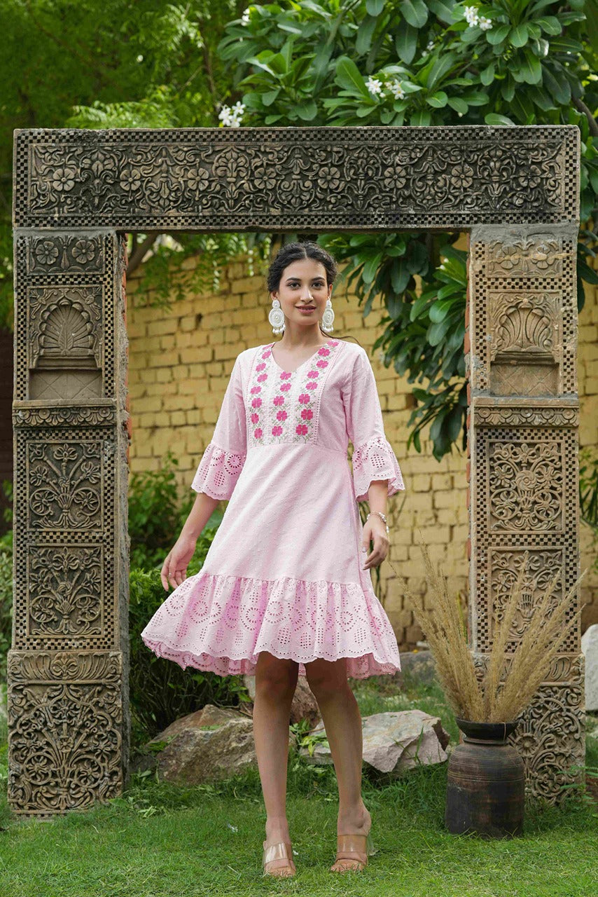 Juniper Pink Cotton Dobby Festive Embroidered Tiered Dress For Women - Distacart