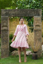 Thumbnail for Juniper Pink Cotton Dobby Festive Embroidered Tiered Dress For Women - Distacart