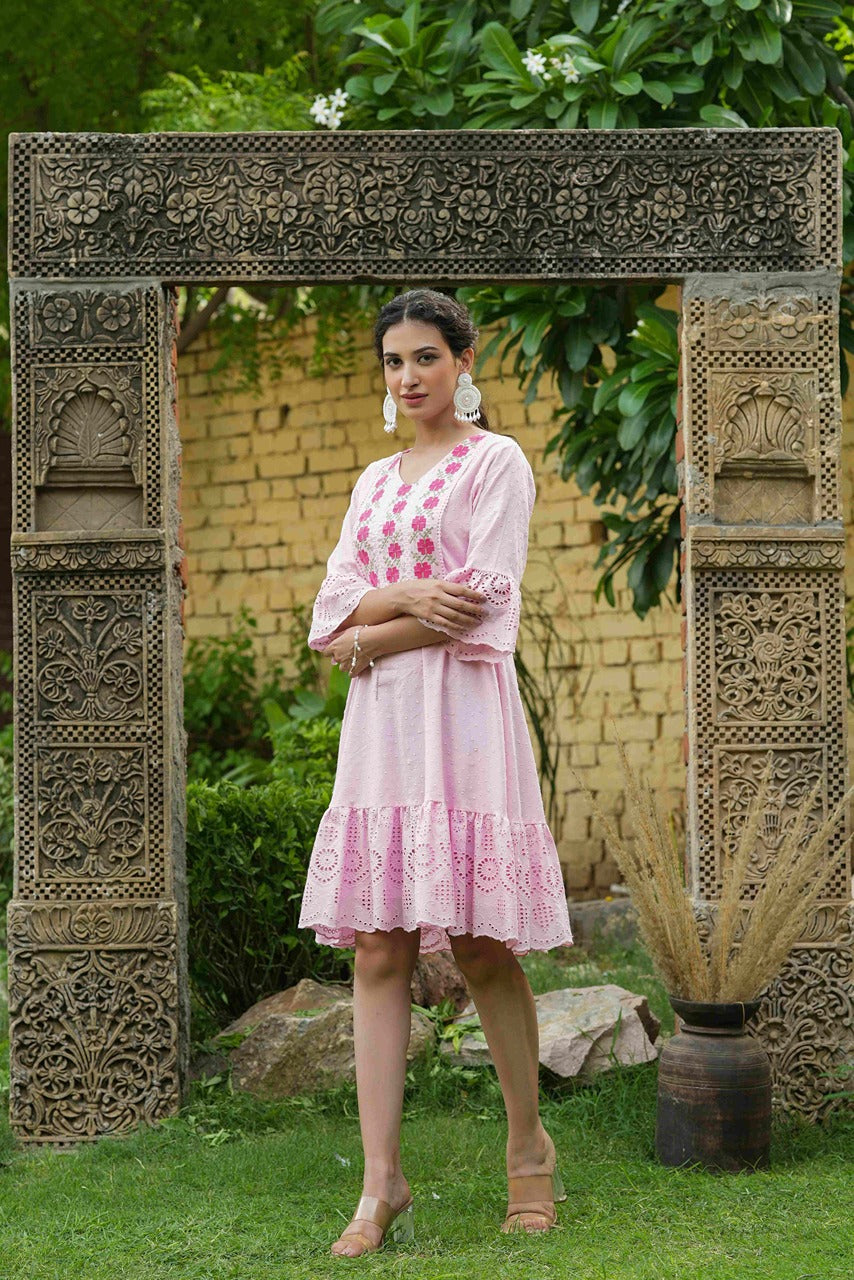 Juniper Pink Cotton Dobby Festive Embroidered Tiered Dress For Women - Distacart