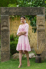Thumbnail for Juniper Pink Cotton Dobby Festive Embroidered Tiered Dress For Women - Distacart