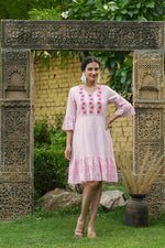 Thumbnail for Juniper Pink Cotton Dobby Festive Embroidered Tiered Dress For Women - Distacart