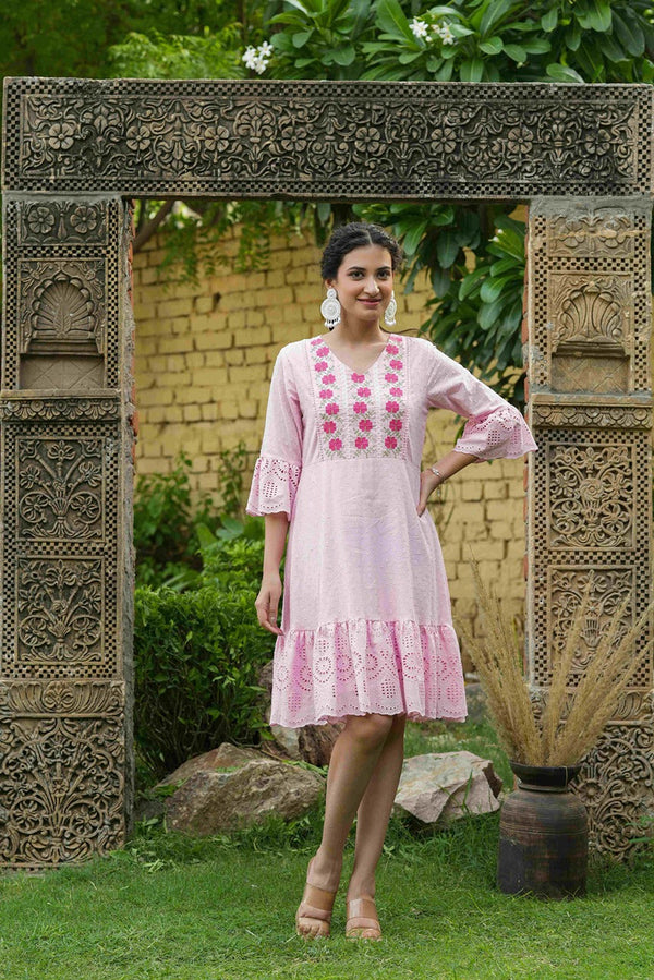 Juniper Pink Cotton Dobby Festive Embroidered Tiered Dress For Women - Distacart