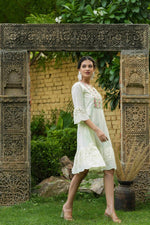 Thumbnail for Juniper Pista Green Cotton Dobby Festive Embroidered Tiered Dress For Women - Distacart