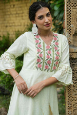 Thumbnail for Juniper Pista Green Cotton Dobby Festive Embroidered Tiered Dress For Women - Distacart