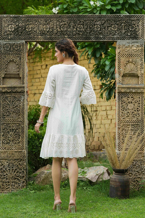 Juniper White Cotton Dobby Festive Embroidered Tiered Dress For Women - Distacart