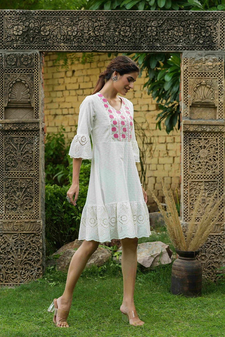 Juniper White Cotton Dobby Festive Embroidered Tiered Dress For Women - Distacart