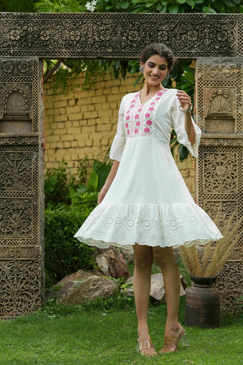 Juniper White Cotton Dobby Festive Embroidered Tiered Dress For Women - Distacart