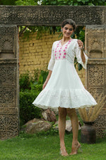 Thumbnail for Juniper White Cotton Dobby Festive Embroidered Tiered Dress For Women - Distacart