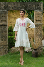 Thumbnail for Juniper White Cotton Dobby Festive Embroidered Tiered Dress For Women - Distacart