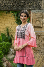 Thumbnail for Juniper Peach Rayon Festive Embroidered Tiered Tunic For Women - Distacart