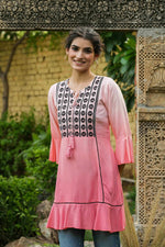 Thumbnail for Juniper Peach Rayon Festive Embroidered Tiered Tunic For Women - Distacart