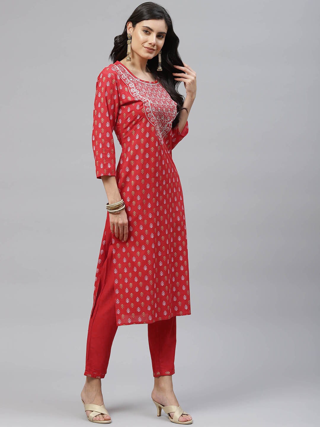 HERE&NOW Women Red Embroidered Straight Kurta with Trousers & With Dupatta - Distacart