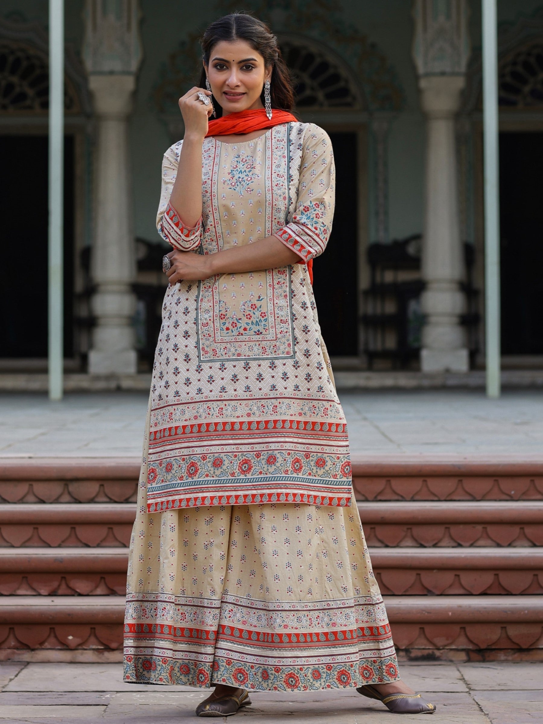 Juniper Women Beige Cotton Cambric Printed Kurta, Sharara & Dupatta Set - Distacart