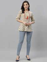Thumbnail for Juniper Beige Cambric Casual Wear Printed A-Line Tunic - Distacart