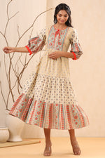 Thumbnail for Juniper Beige Cambric Festive Printed Tiered Long Dress For Women - Distacart