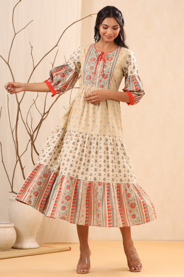 Juniper Beige Cambric Festive Printed Tiered Long Dress For Women - Distacart