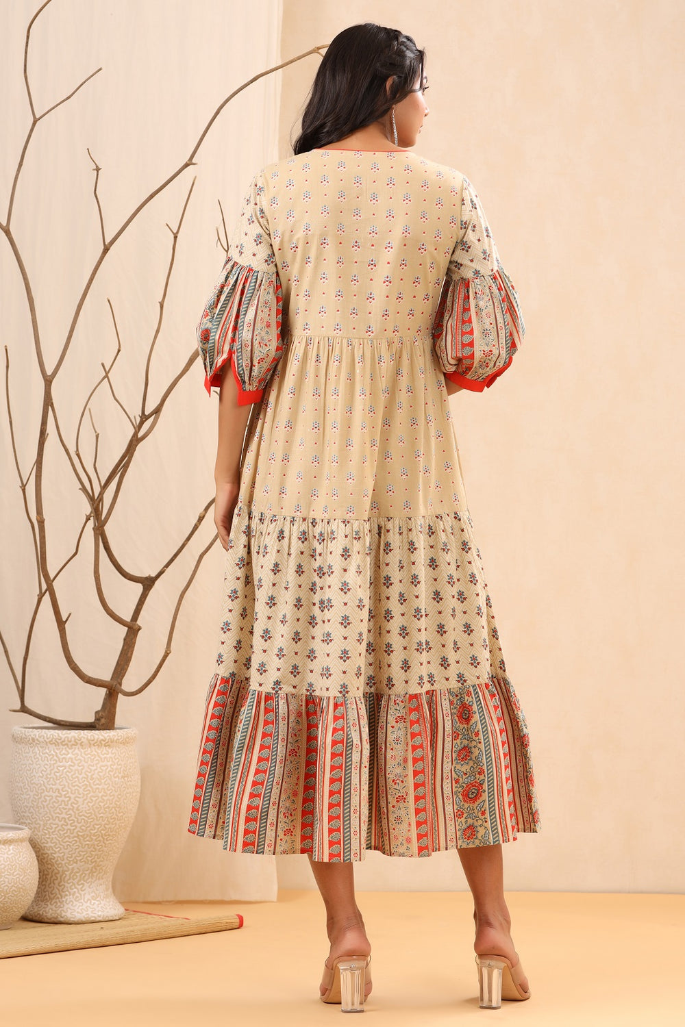 Juniper Beige Cambric Festive Printed Tiered Long Dress For Women - Distacart