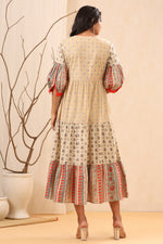 Thumbnail for Juniper Beige Cambric Festive Printed Tiered Long Dress For Women - Distacart