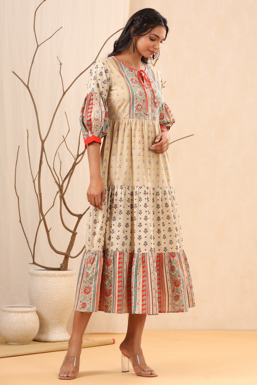 Juniper Beige Cambric Festive Printed Tiered Long Dress For Women - Distacart