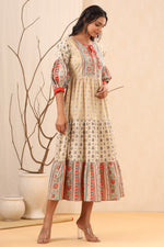 Thumbnail for Juniper Beige Cambric Festive Printed Tiered Long Dress For Women - Distacart
