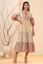 Thumbnail for Juniper Beige Cambric Festive Printed Tiered Long Dress For Women - Distacart