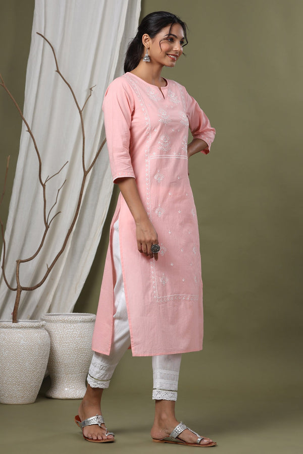 Juniper Pink Cambric Festive Embroidered Straight Kurta For Women - Distacart