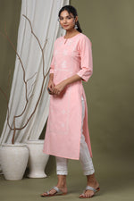 Thumbnail for Juniper Pink Cambric Festive Embroidered Straight Kurta For Women - Distacart