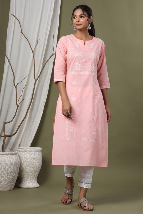 Juniper Pink Cambric Festive Embroidered Straight Kurta For Women - Distacart