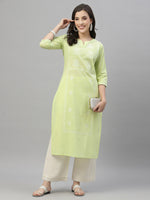 Thumbnail for Juniper Pista Green Cambric Festive Embroidered Straight Kurta For Women - Distacart