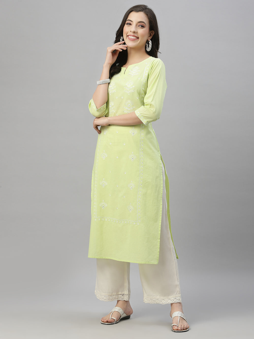 Juniper Pista Green Cambric Festive Embroidered Straight Kurta For Women - Distacart
