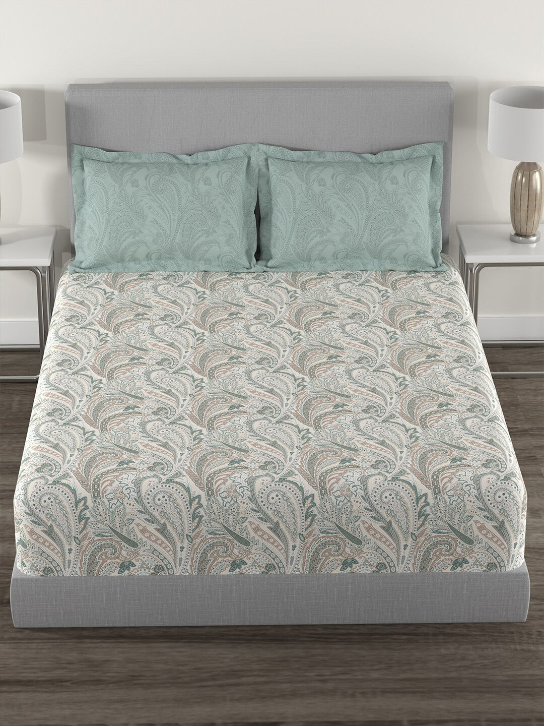 MYTRIDENT Green White Ethnic Motifs Cotton 144 TC Queen Bedsheet With 2 Pillow Covers - Distacart