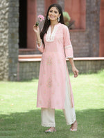 Thumbnail for Juniper Peach Cambric Festive Embroidered Straight Kurta For Women - Distacart