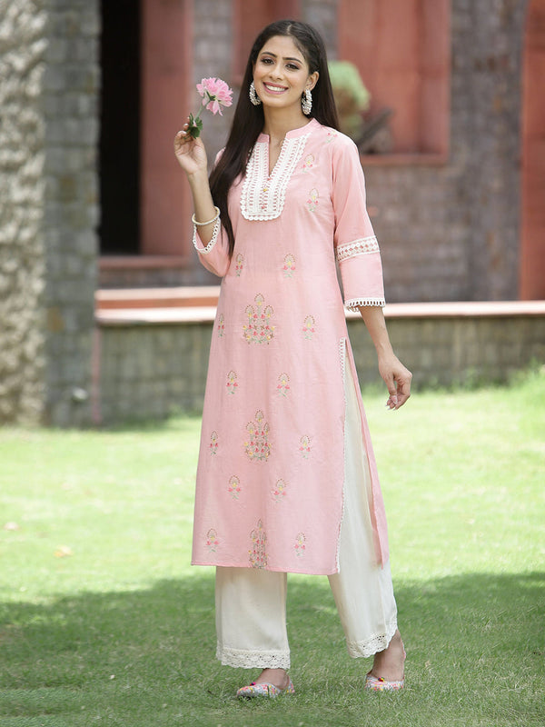 Juniper Peach Cambric Festive Embroidered Straight Kurta For Women - Distacart