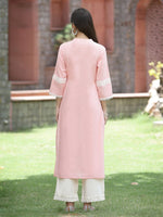 Thumbnail for Juniper Peach Cambric Festive Embroidered Straight Kurta For Women - Distacart