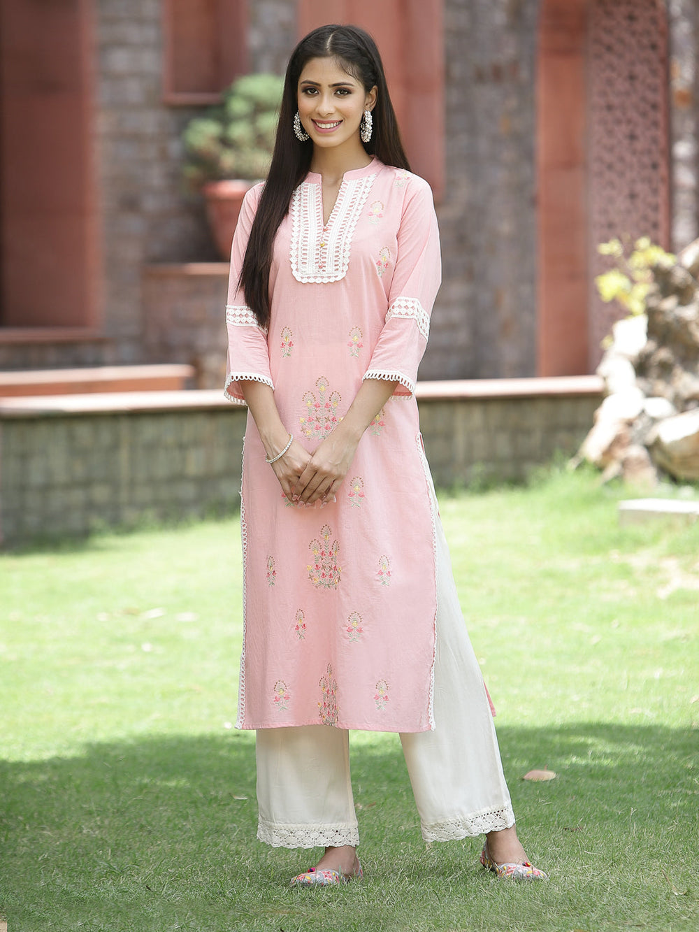 Juniper Peach Cambric Festive Embroidered Straight Kurta For Women - Distacart