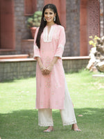Thumbnail for Juniper Peach Cambric Festive Embroidered Straight Kurta For Women - Distacart