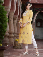 Thumbnail for Juniper Women's Yellow Cambric Embroidered Straight Kurta - Distacart