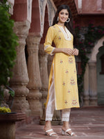 Thumbnail for Juniper Women's Yellow Cambric Embroidered Straight Kurta - Distacart