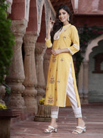 Thumbnail for Juniper Women's Yellow Cambric Embroidered Straight Kurta - Distacart