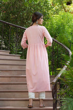 Thumbnail for Juniper Peach Cotton Dobby Festive Embroidered A-Line Long Kurta For Women - Distacart